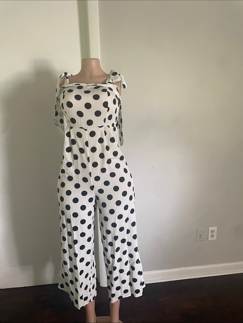 Polka Dot Tie-Shoulder Jumpsuit - White/Black